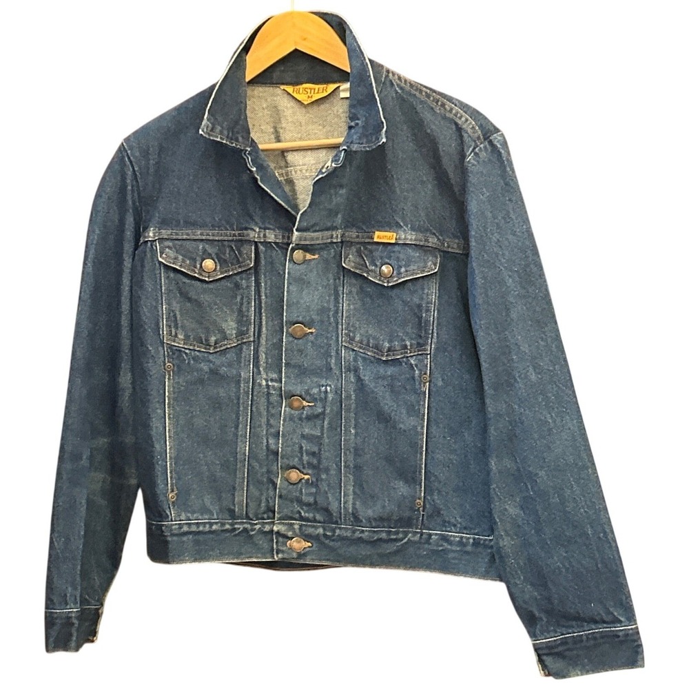 90s Rustler Denim Trucker Jacket Western Americana Workwear Indigo Blue Medium